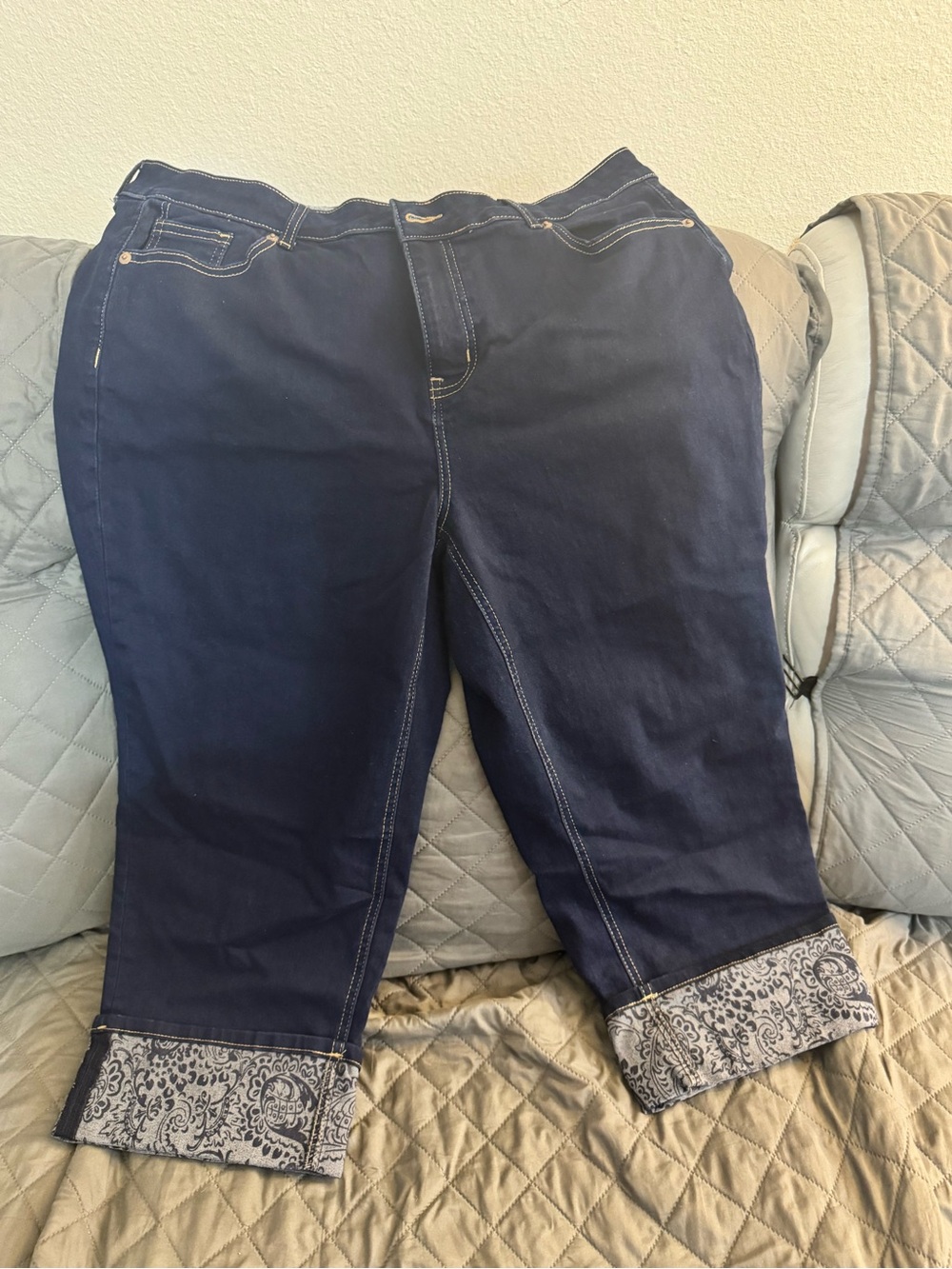 Women's Navy Cropped Jeans with Printed Cuff